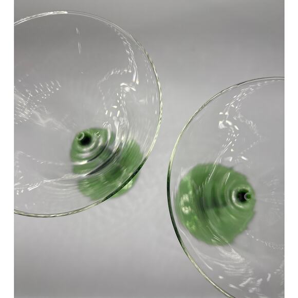 Set of 2 Wavy Zig Zag Green Stem Martini Cosmo Glasses Clear Bowl Vtg Barware - Picture 4 of 5